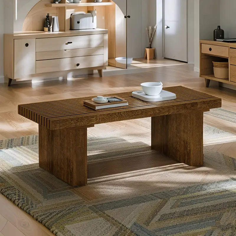 Modern Slatted Wood Coffee Table – 47" Rectangular Table in Warm Natural Finish