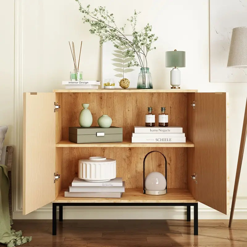 Modern Slatted Wood Storage Cabinet – 31.5" Accent Cabinet with Metal Base