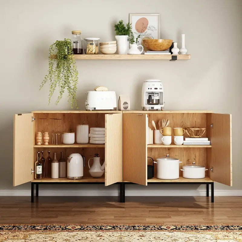 Modern Slatted Wood Storage Cabinet – 31.5" Accent Cabinet with Metal Base
