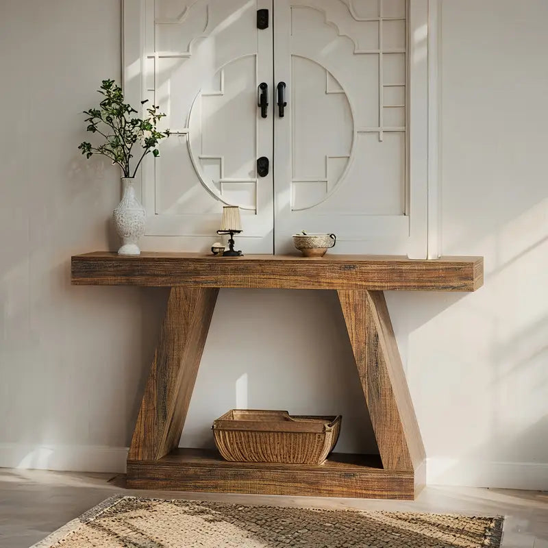 Modern Rustic Wood Console Table – 55” Entryway Table with Geometric Base
