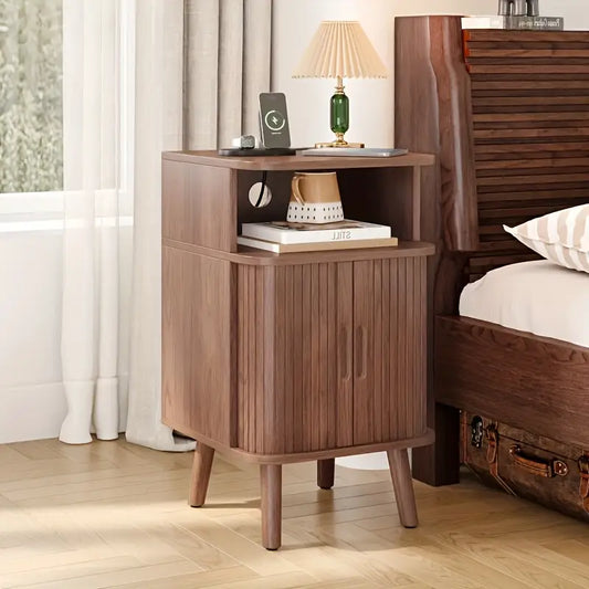 Modern Walnut Bedside Table – Slatted Nightstand with Storage Cabinet