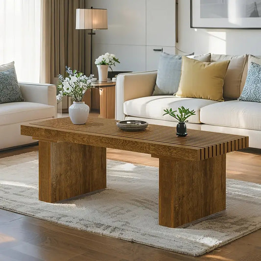 Modern Slatted Wood Coffee Table – 47" Rectangular Table in Warm Natural Finish