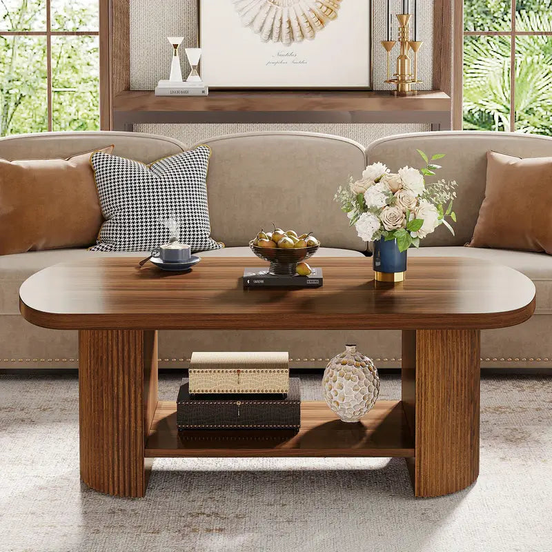 Contemporary Walnut Coffee Table – 45" Oval Top with Shelf Storage