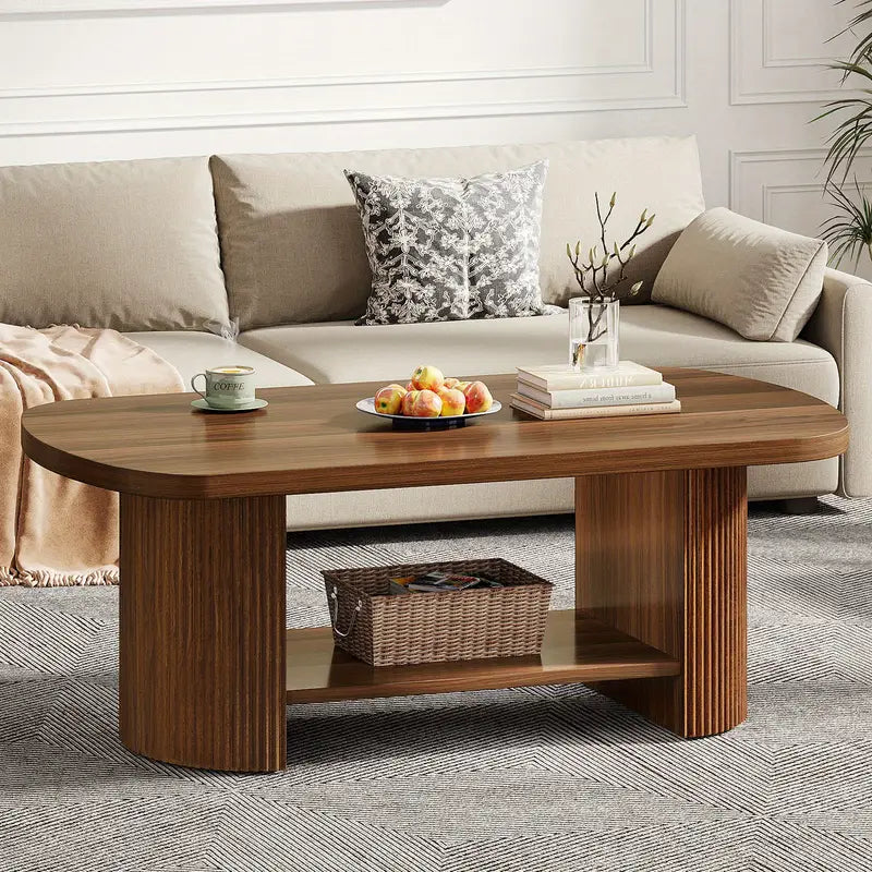 Contemporary Walnut Coffee Table – 45" Oval Top with Shelf Storage