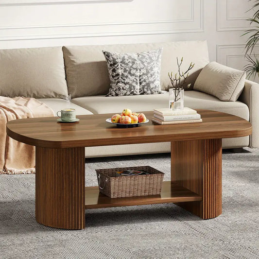 Contemporary Walnut Coffee Table – 45" Oval Top with Shelf Storage