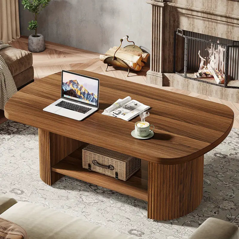 Contemporary Walnut Coffee Table – 45" Oval Top with Shelf Storage