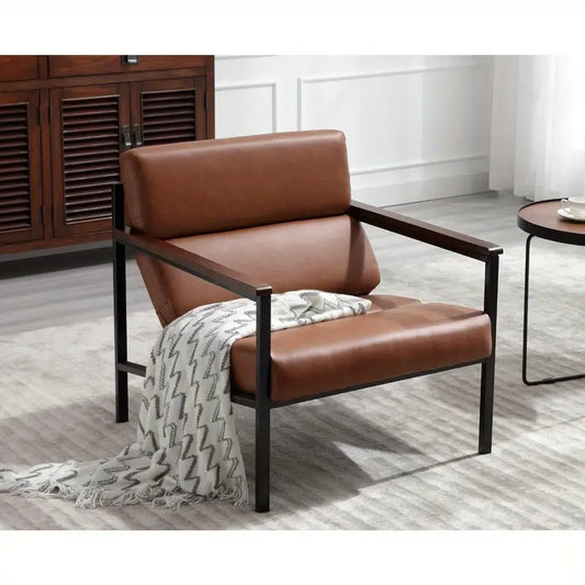 Modern Industrial Lounge Chair – Vegan Leather Accent Chair with Wood & Steel Frame