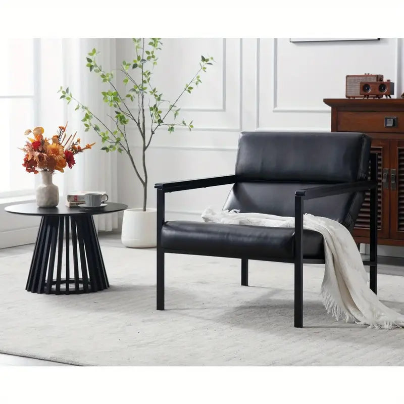 Modern Industrial Lounge Chair – Vegan Leather Accent Chair with Wood & Steel Frame