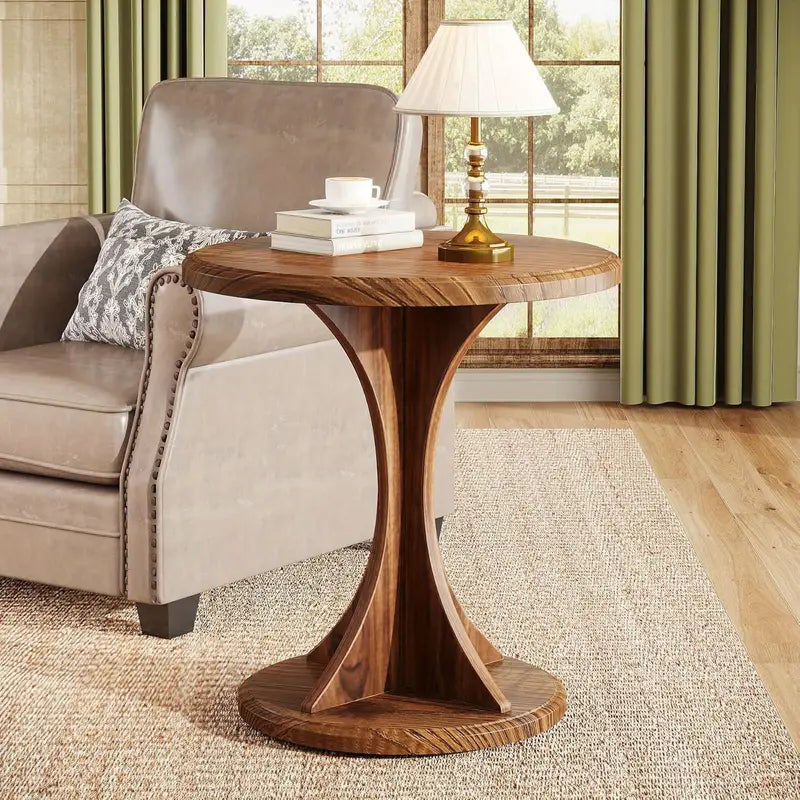 Sculpted Wood Accent Table – 20" Round Top with Curved Pedestal Base