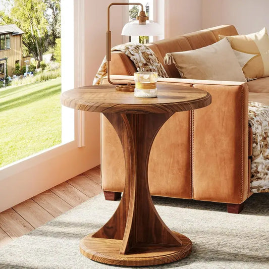 Sculpted Wood Accent Table – 20" Round Top with Curved Pedestal Base