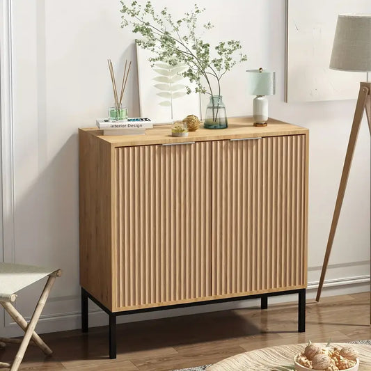 Modern Slatted Wood Storage Cabinet – 31.5" Accent Cabinet with Metal Base