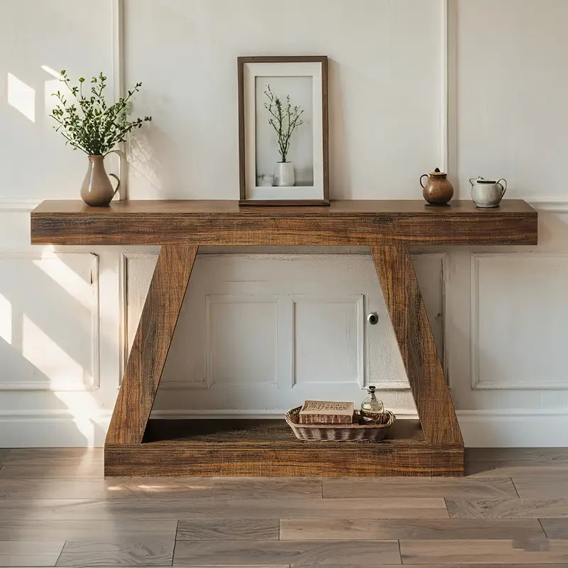 Modern Rustic Wood Console Table – 55” Entryway Table with Geometric Base