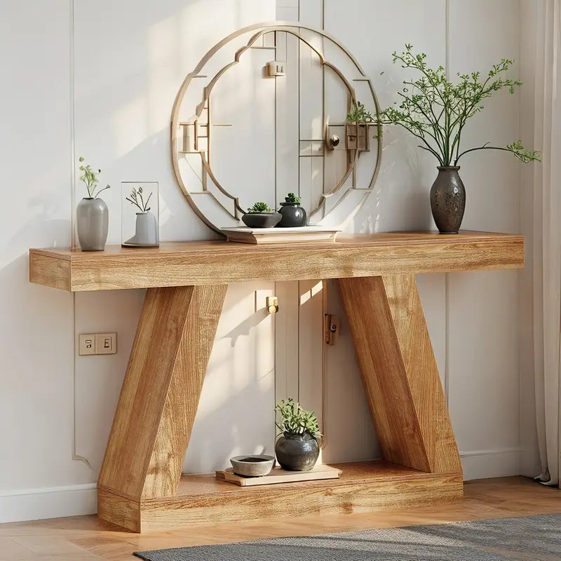 Modern Rustic Wood Console Table – 55” Entryway Table with Geometric Base