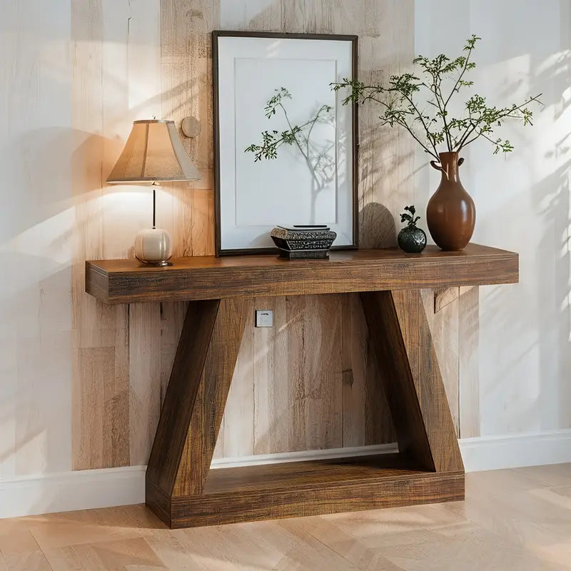 Modern Rustic Wood Console Table – 55” Entryway Table with Geometric Base