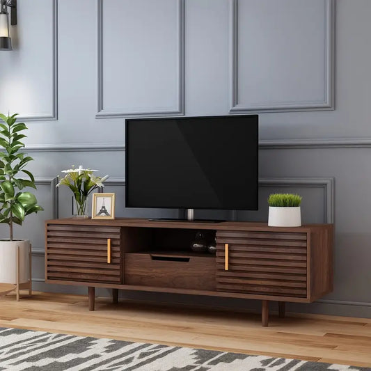 Mid-Century Modern TV Stand – 59" Media Console with Slatted Doors & Storage